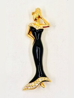 Fernando Originals Gold-Tone Woman Black Enamel Evening Gown W/Crystals Brooch